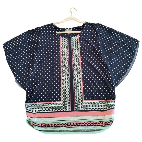 JM Collection Tunic Top Women's Sz L Blue Mixed Print Angel Sleeve Popover - Picture 4 of 11